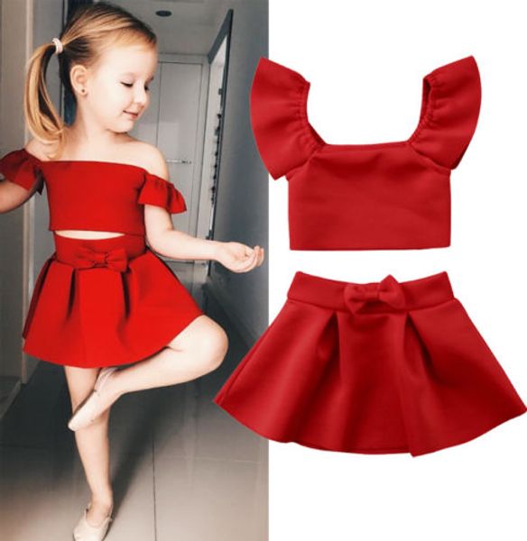 

us stock 2pcs stylish kids baby girl clothes set solid color off shoulder tank high waist red bow skirt party outfits suit, White