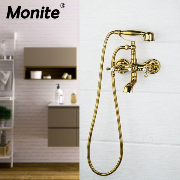 

monite luxury gold plated wall mounted dual handles polished shower bathroom basin sink bathtub torneira tap mixer faucet