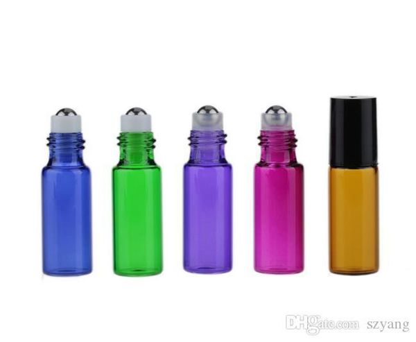 

colorful 5ml 1 6oz roll on glass essential oil bottle perfume stainless steel roller ball fragrance bottle 200pcs dropper dhl shipping