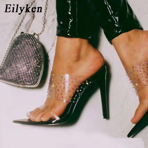 

eilyken 2020 new summer rivet rhinestones mules high heels women slippers sandals fashion pvc transparent stiletto shoes, Black