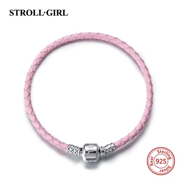 

strollgirl original design 100% 925 sterling silver leather rope chain diy charm authentic silver bracelet making for women gift, Golden;silver