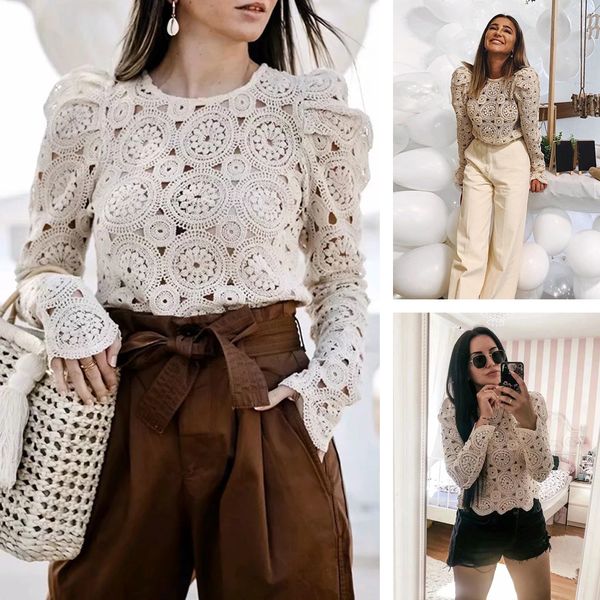 

кружевная перспектива 2019 осень взрыв женская круглая шея кружевная перспектива с длинным рукавом женская элегантная повседневная нижняя фу, White