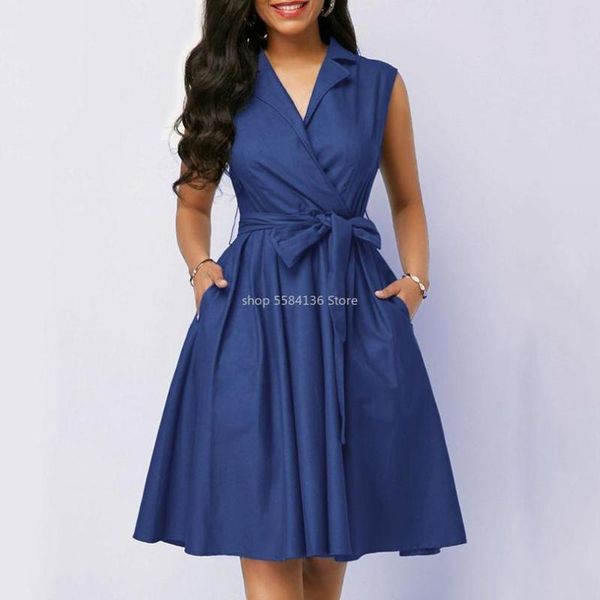 

casual women dress sleeveless notched navy blue dress sashes summer a-line beach maxi dresses plus size party vestidos, Black;gray