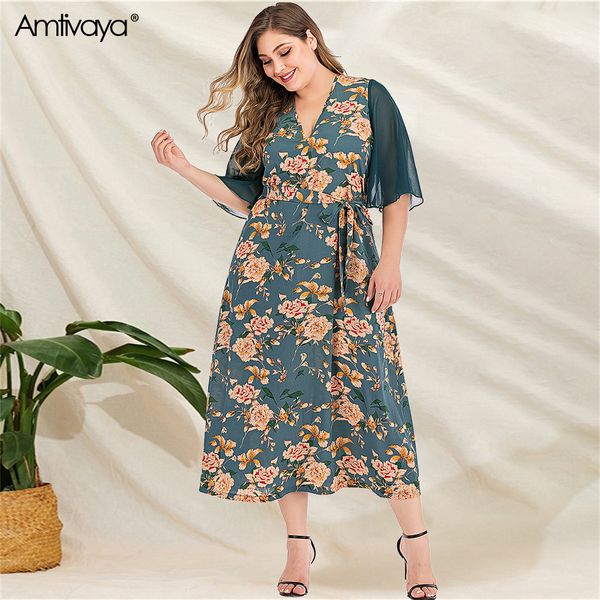

amtivaya early spring and summer dresses 2020 deep v neck half sleeve ruffles patchwork casual plus size midi dress for women, Black;pink