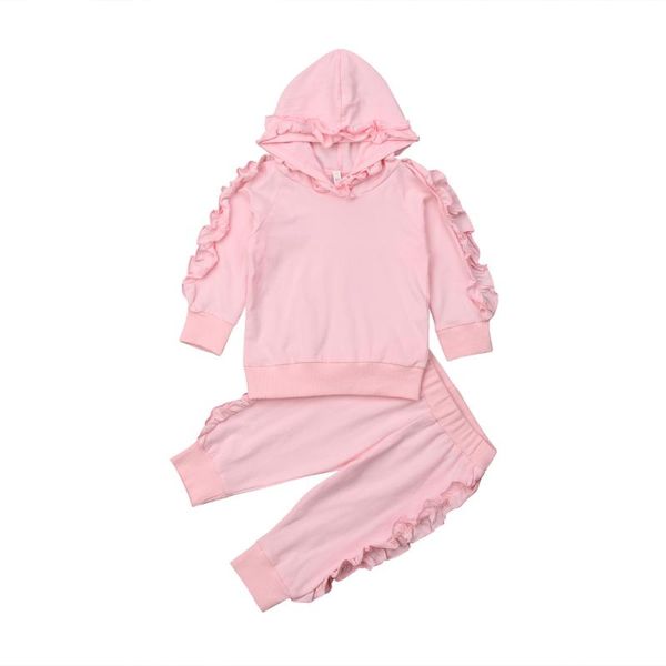 

0-3y pretty cute infant kids baby girls clothes sets ruffles long sleeve pullover hooded pink +pants autumn 2pcs, White