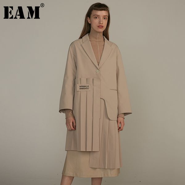 

eam] 2019 new autumn winter lapel long sleeve khaki irregular hem pleated split joint windbreaker women trench fashion jq483, Tan;black
