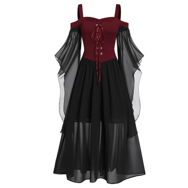 

womne vintage long dress mech patchwork gothic dark maxi dresses plus size butterfly sleeve lace up halloween dress ropa mujer, Black;gray