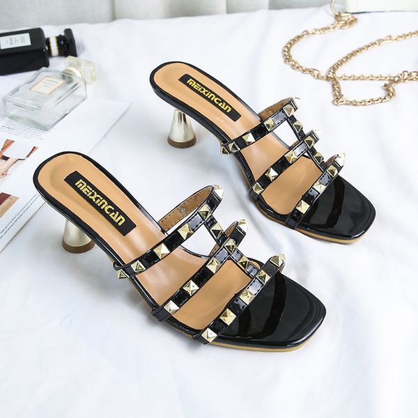 

designer slides sandals red party women slippers rivets wedding slipper high-heeled stiletto with open toe lazy shoes, Black