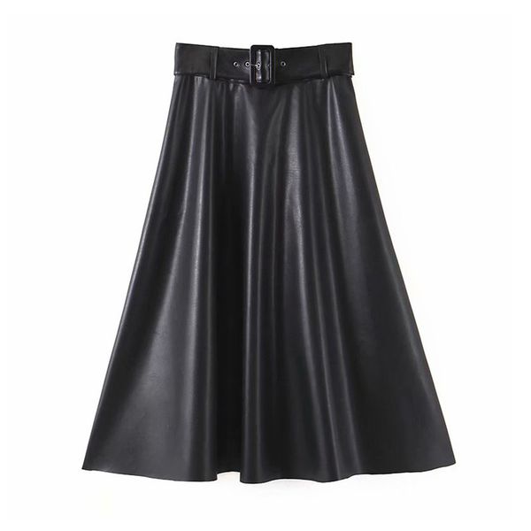 

women fashion pu leather black midi skirt bow tie belt side zipper a line female basic casual fashion skirts mujer