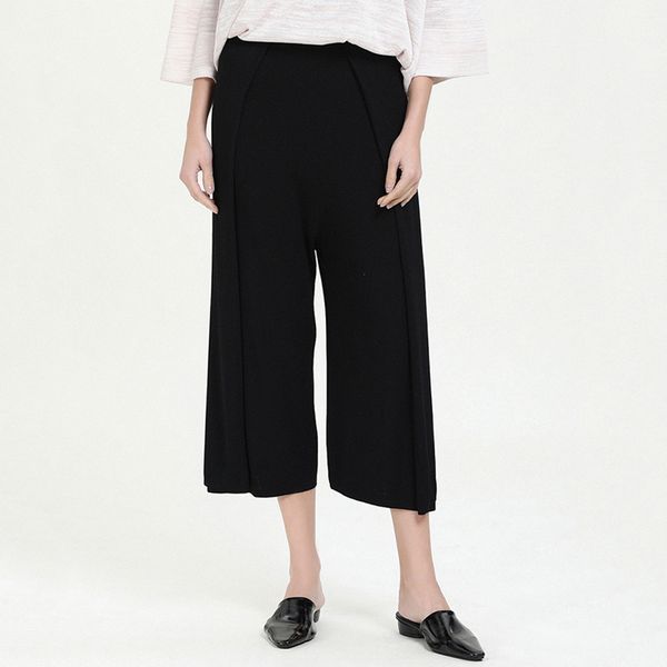 

women nylon spandex solid black pleated high waist wide leg new quality fashionable pants, Black;white