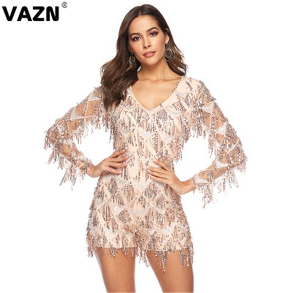 

vazn night party luxurious 2020 feather fashion v-neck elegant women jumpsuit long sleeve short pant jumpsuits club rompers, Black;white