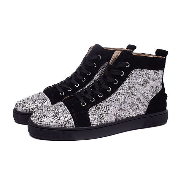 

2019 designer sneakers red bottom shoe low cut studded spikes shoes for men and women shoes party wedding crystal leather sneakers cs03, Black