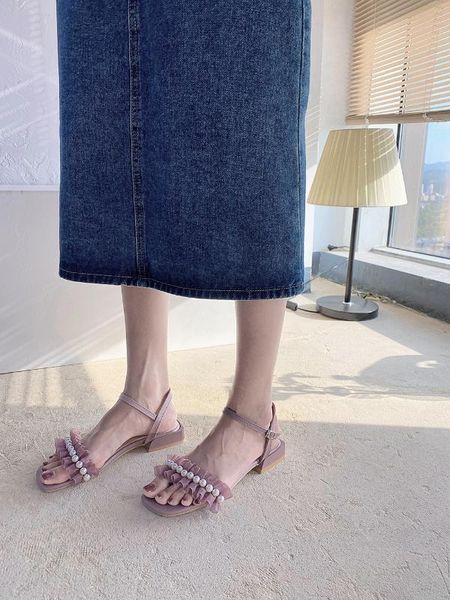 

pearl mesh yarn lotus leaf sandals 2020 summer new ins tide women's shoes word buckle high heels, Black