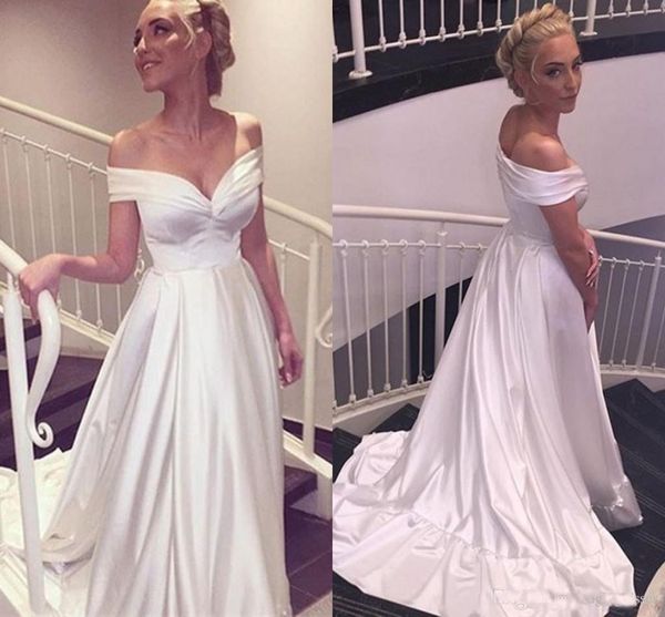 

Gorgeous A Line Beach Plus Size Wedding Dresses 2019 Fashionable Off Shoulder Pleats Court Train White Bridal Gowns Cheap Custom Made