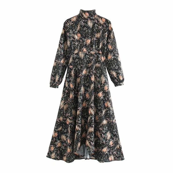 

women floral pattern print midi dress back zipper long sleeve female casual vintage chic dresses vestidos, Black;gray