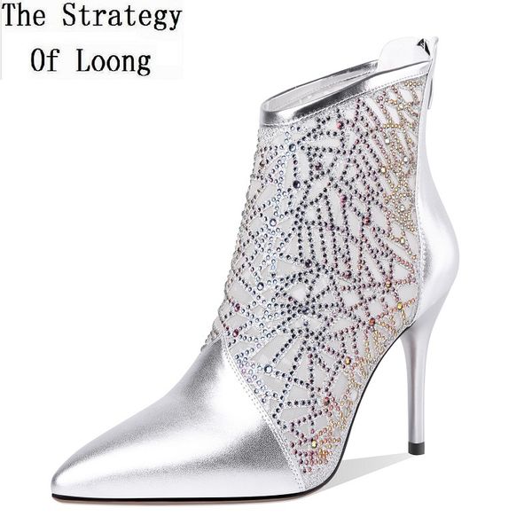 

spring autumn bling women genuine leather crystal ankle equestrian boots ladies pointed toe super high heels shoes 200103, Black