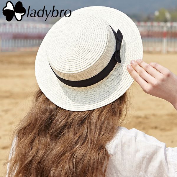 

ladybro brand women sun hat summer beach straw hat lady boater chapeau femme travel bowknot panama flat fedora female, Blue;gray