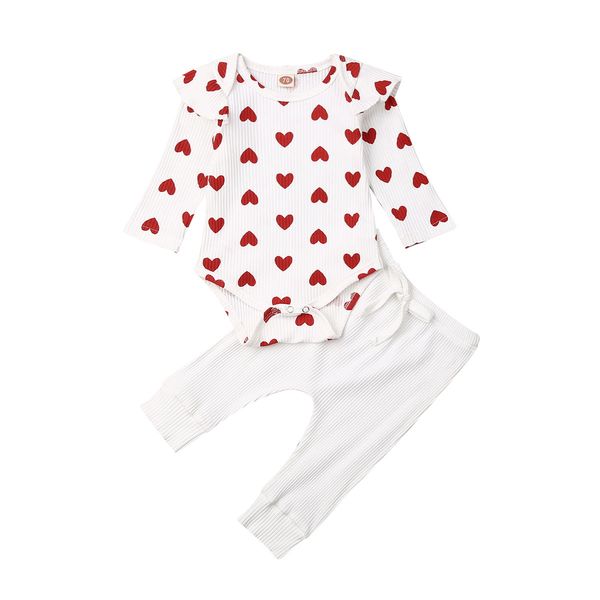 

Infant Baby Kid Girl Heart Clothes Ruffle Heart Print Long Sleeve White Romper+Pants Outfits Sets Tracksuit