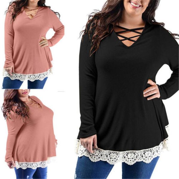

plus size l-3xl lace patchwork t shirt women cotton elastic basic t-shirts female casual long sleeve t-shirt, White