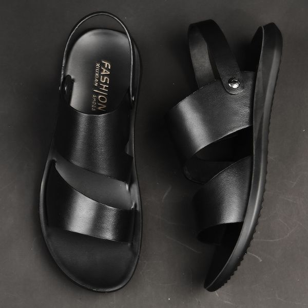 

zhengouman one the word drag genuine leather cool slipper non-slip personality beach shoes young trend leisure time drag, Black