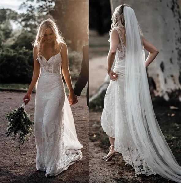 

2021 vintage full lace wedding dresses a line spaghetti straps boho bridal gowns sweep train sleeveless new wedding wear vestidos de noiva, White