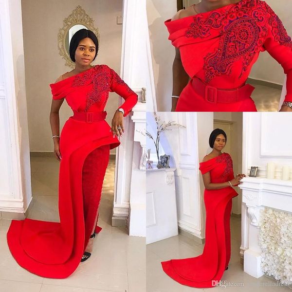 

2020 vintage red long sleeves split side evening dresses one shoulder sheath lace applique runway party dress, Black;red