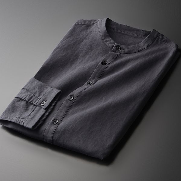 

linen men shirt luxury stand collar long sleeve mens shirts fashion casual grey men shirt plus size 4xl slim fit shirts, White;black