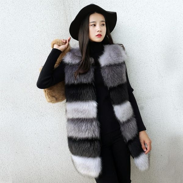 

s-2xl winter women luxury faux fur vest splicing hit color vest slim waistcoat fake fur jacket plus size coat outwear l1755, Black