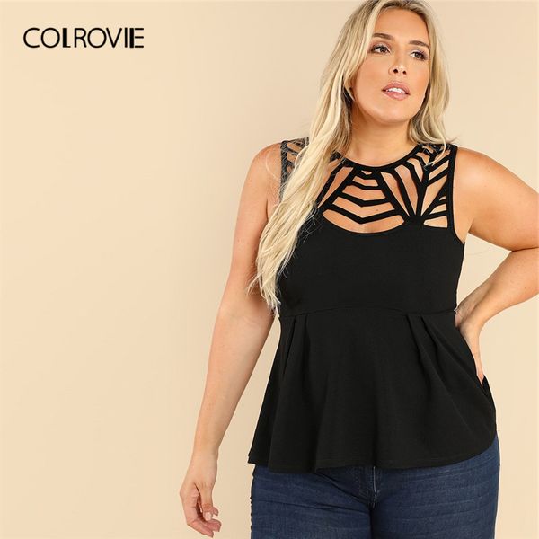 

colrovie plus size black cut out ruffle textured peplum blouse women 2019 summer sleeveless shirt casual ladies blouses, White