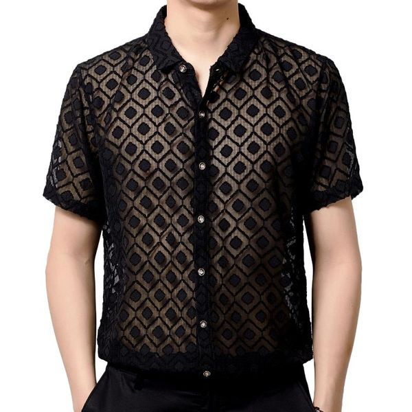 

black white square shirts see through shirt men clothing club designer shirt chemise camisa hombre short sleeve sexytransparent, White;black