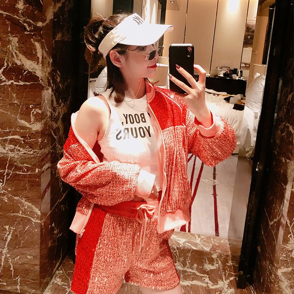 

2019 sale new polyester full tracksuit for women heavy work sequin colorblock jacket + shorts fashion suit casual two piece set, White
