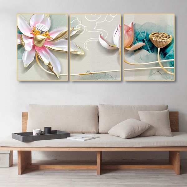 

laeacco canvas painting calligraphy 3 panel chinese lotus flower posters and prints wall art pictures for living room decoration
