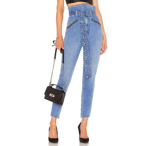 

new fasion womens high waist skinny slash pencil jeans slim stretch denim zipper pocket jeans trousers, Blue