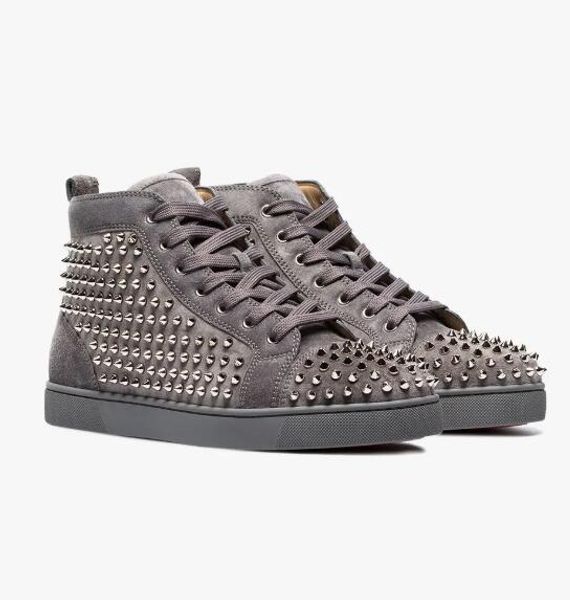 

red soles studded grey suede leather hi sneakers outdoor trainers sneakers women,men red bottom shoes flat casual party designer, Black