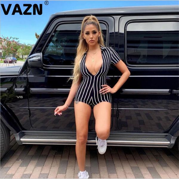 

vazn summer beach bikini 2020 women ladies playsuits short sleeve v-neck rompers striped print mini bandage cloth, Black;white
