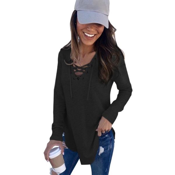 

soft holiday solid daily party long sleeve women pullover loose v neck casual travel spring autumn lace up, White