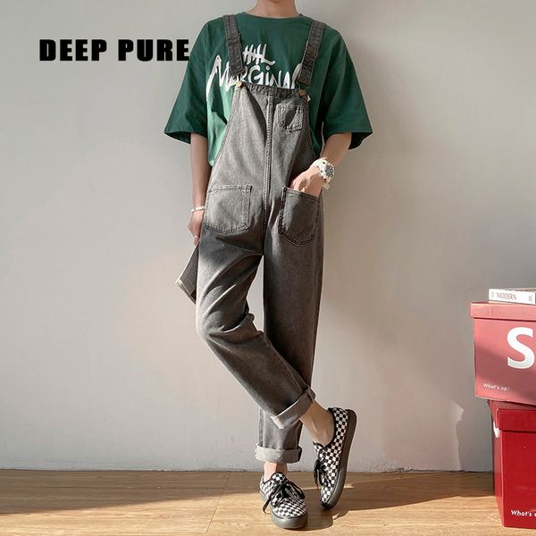 

men jeans streetwear full length washed denim overalls rompers pocket, Blue