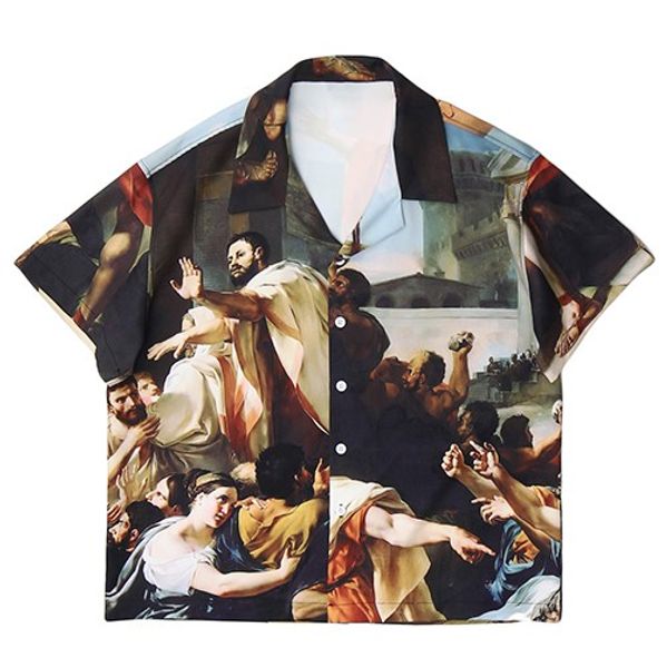 

fashion casual cotton short sleeve shirt men painting print 2020 summer harajuku hip hop streetwear loose male, White;black
