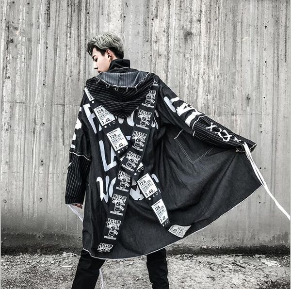 

высокое качество cross лента overcoats мужчины уличная мода печать hip hop punk стиль длинные капюшоном trench куртка мужской сыпучие пальто, Tan;black