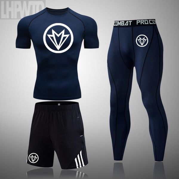 

new falcon short sleeve 3 pcs/set men's gym fitness compression sports suit clothes men running sets jogging sport t-shirt, Black;blue