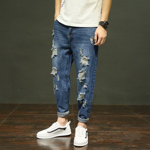 

mens super skinny stretch denim biker skinny jeans 2019 spring summer casual high street hole destroyed loose pants, Blue