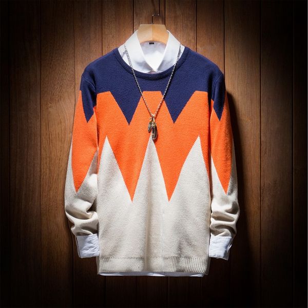 

men's casual long sleeve sweater colored patchwork male o-neck knits, White;black