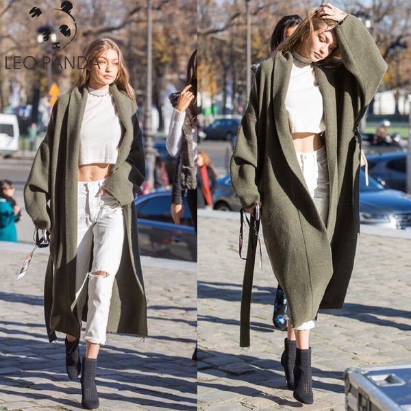 

temperament green coat woman 2019 new ladies luxury loose long waist tie trench coat thickened famale woolen tide, Black