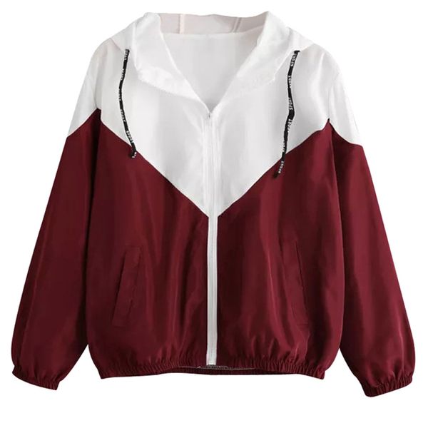 

ladies long sleeve thin sweatshirt with hooded zipper splicing colour with pockets sport coat female outdoor running jackets, Black;red