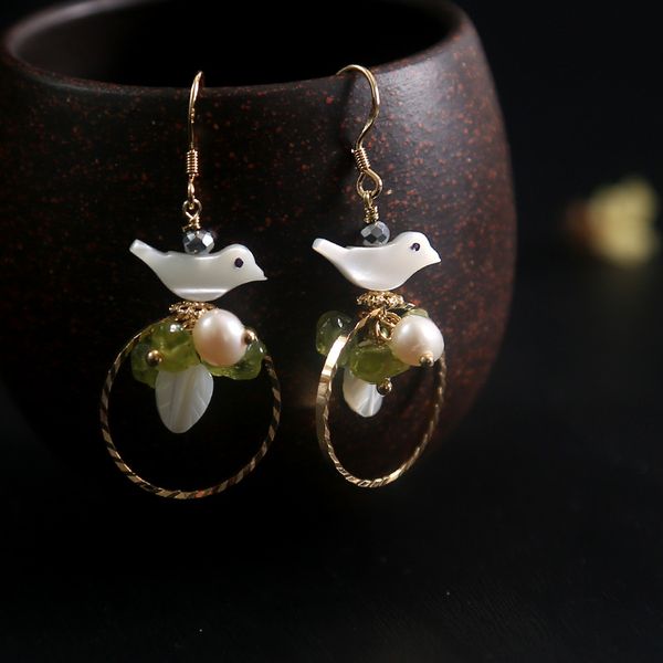 

real shell flower drop earrings natural green stone white pearl handmade women's earring, Golden;silver