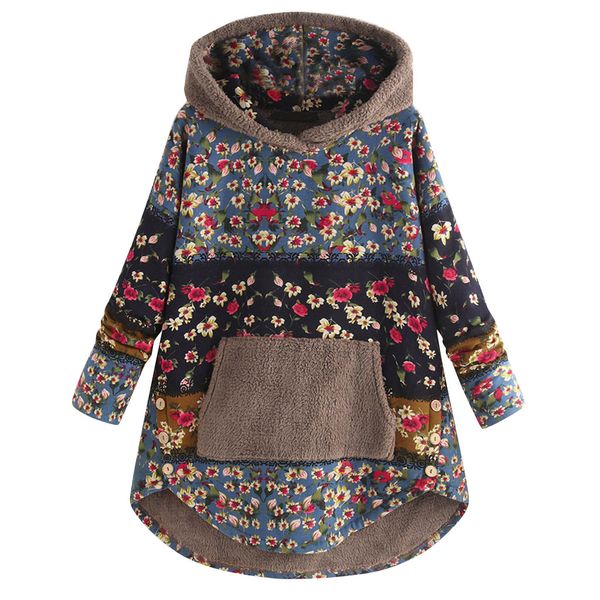 

2019 fashion women fleece patchwork floral print long sleeve pockets plus size hoodie women winter clothes bluzy damskie, Black
