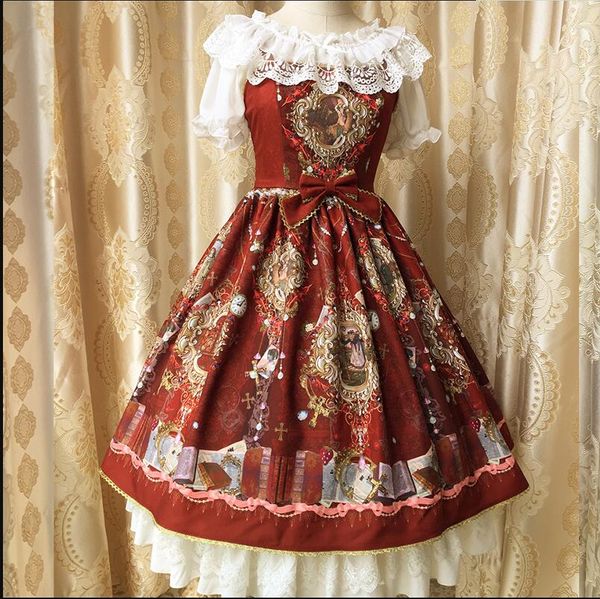 

sweet lolita dress vintage cute printing bowknot lace victorian dress kawaii girl party gothic lolita jsk loli cos, Black;red