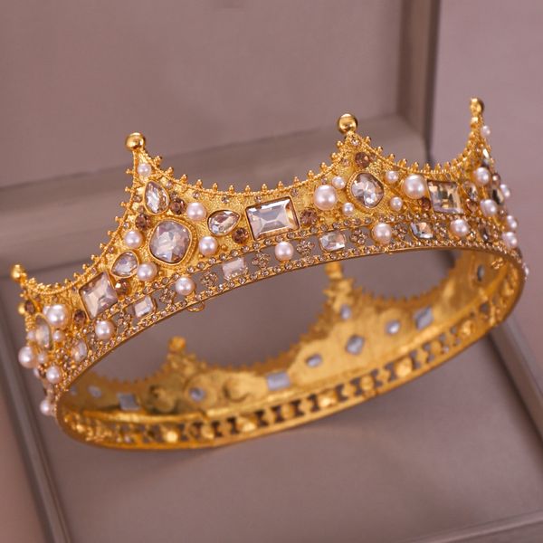 

kmvexo baroque gold champagne crystal pearl bead bridal tiaras queen king round crown wedding hair jewelry accessories for women, White;golden