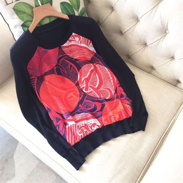 

luxury designer brand knitted pullovers for women o neck vintage twill printed silk spliced wool knitted sweater, White;black
