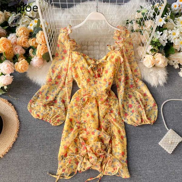 

neploe korean ins holiday beach style print dress high waist hip drawstring pleat design vestido puff long sleeve a line ropa, Black;gray
